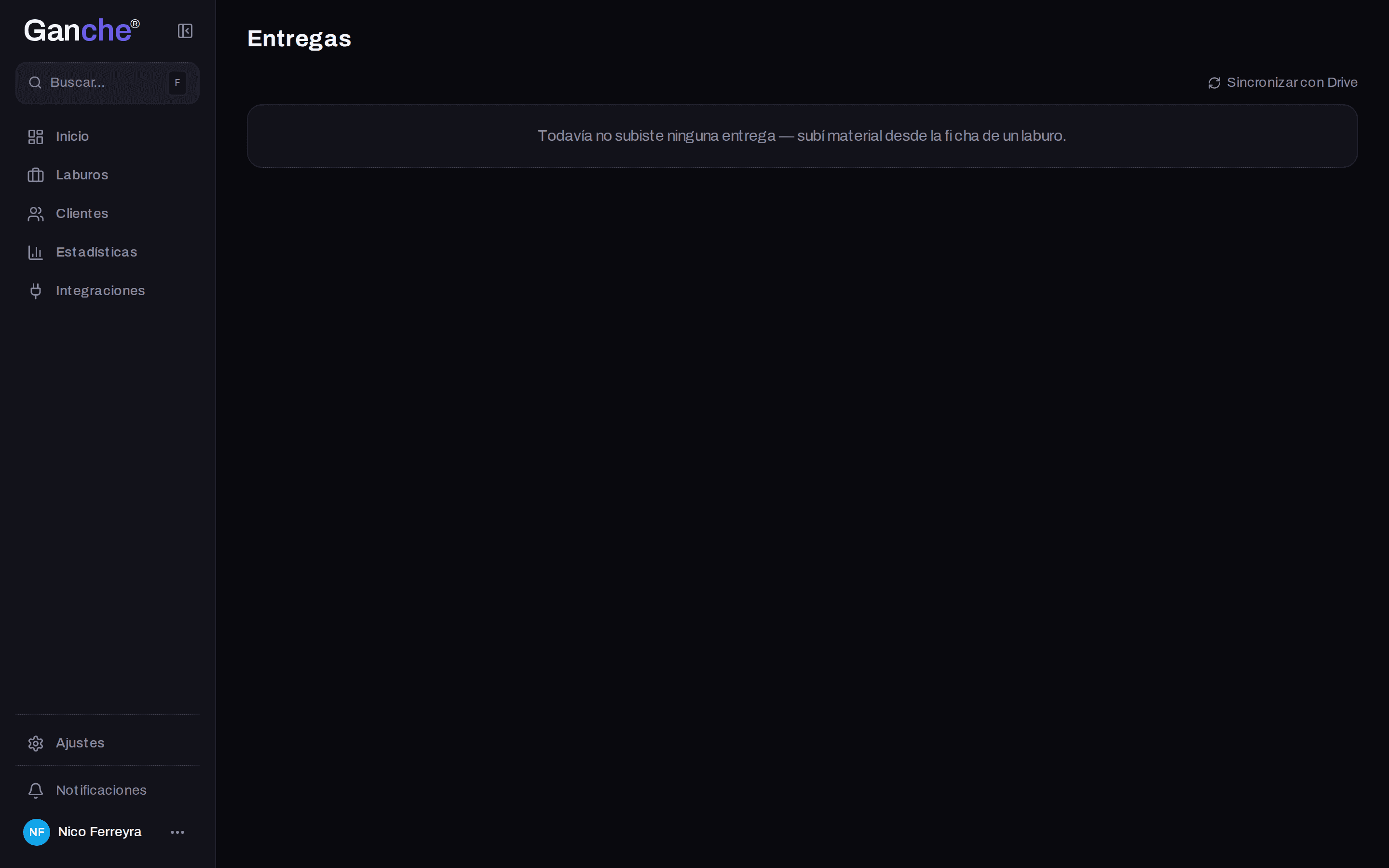 Vista de entregas con archivos subidos a Google Drive, agrupados por laburo